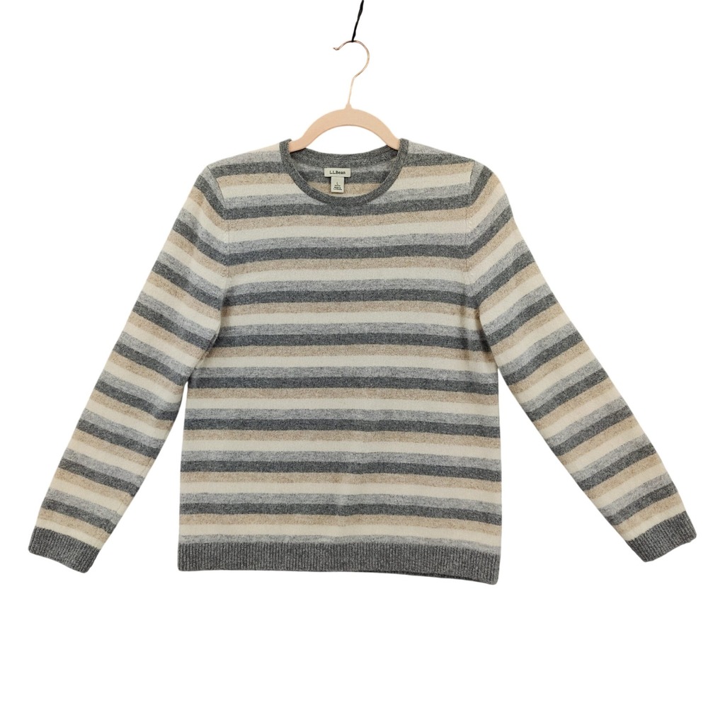 L.L.Bean Women Preppy Soft 100% Cashmere Sweater LP Gray Beige Striped Crew Neck
